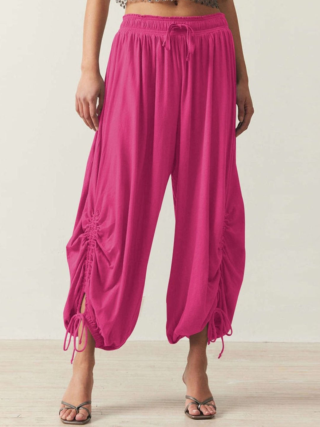 Pink Loose Fit Solid Polyester Trouser