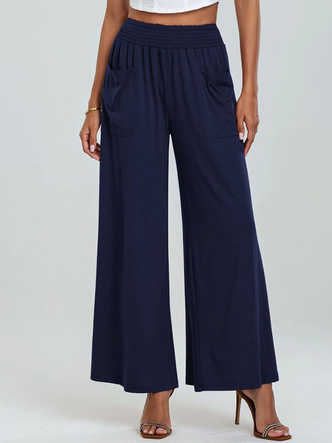 Blue Loose Fit Solid Polyester Trouser