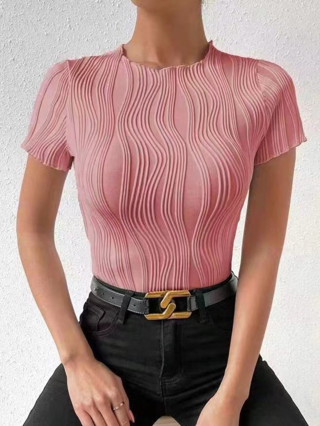 Pink Round Neck Short Sleeves Solid Polyester Top