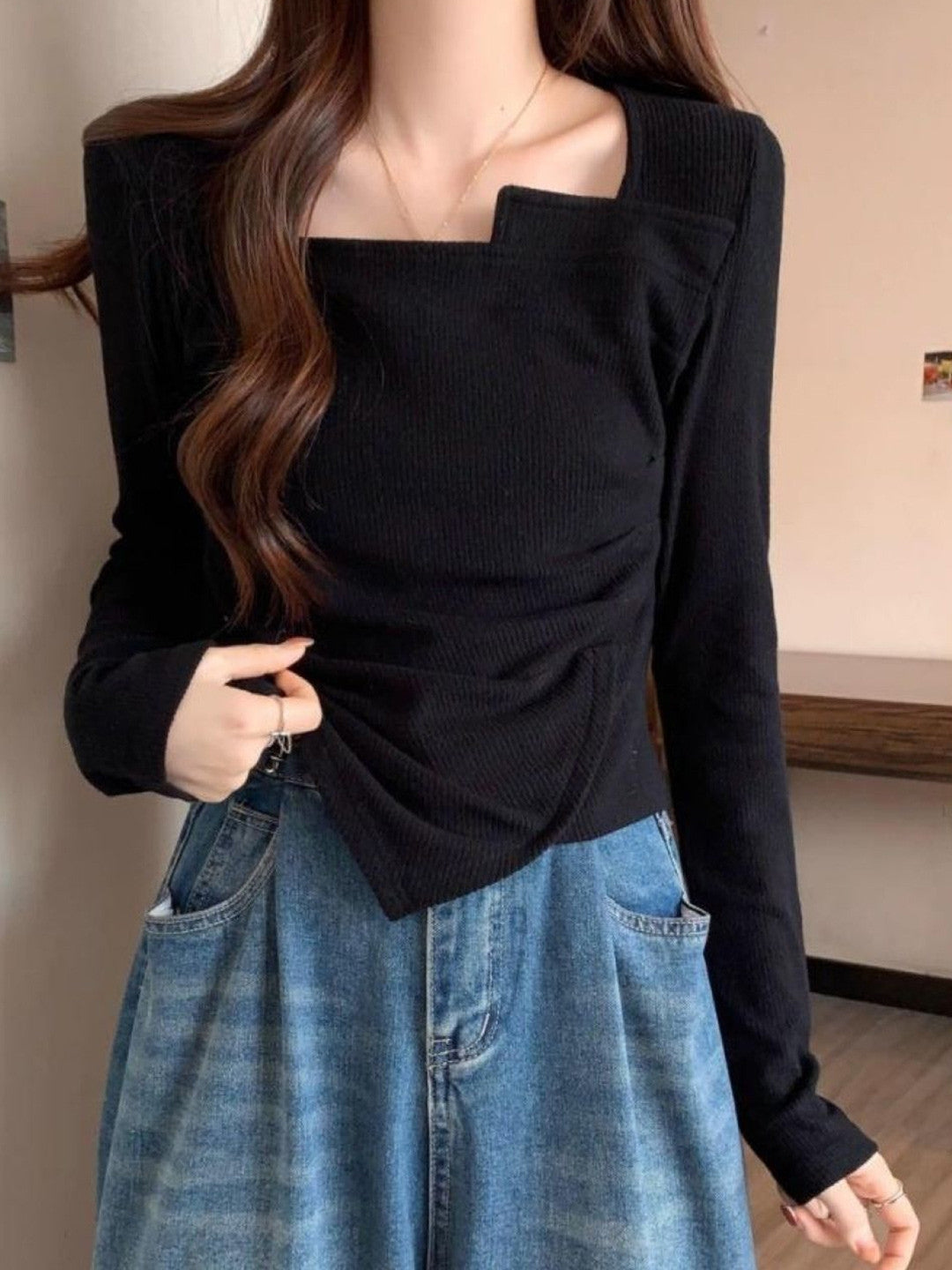 Black Square Neck Long Sleeves Solid Viscose Rayon Top