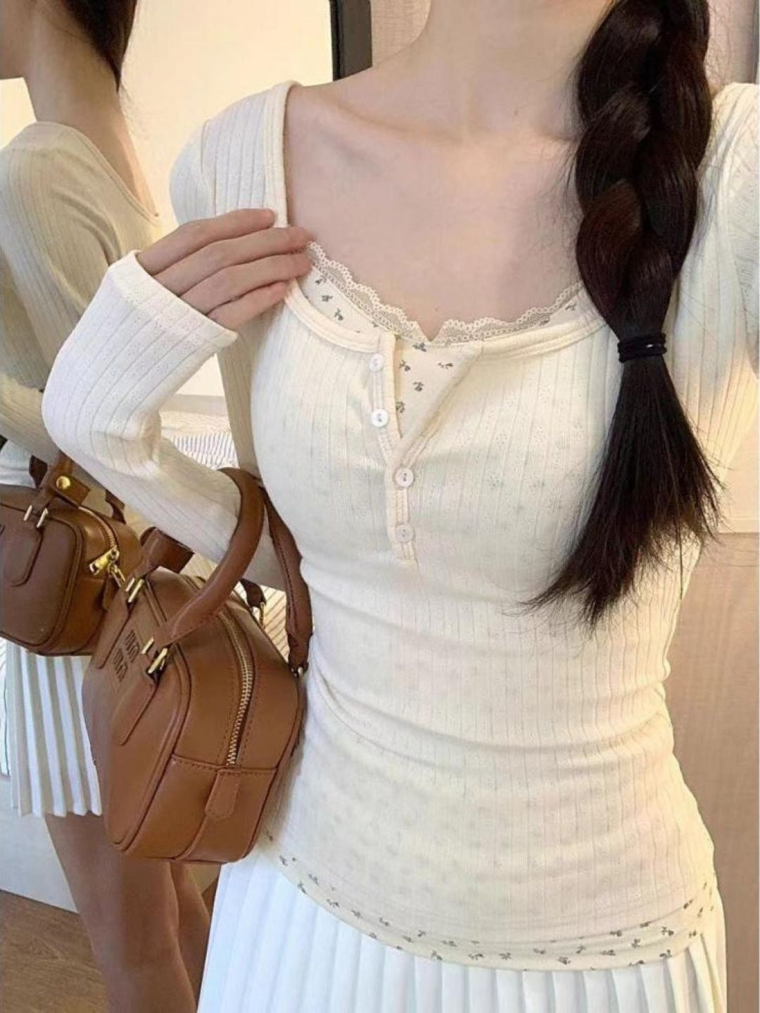 Cream Scoop Neck Long Sleeves Solid Polyester Top