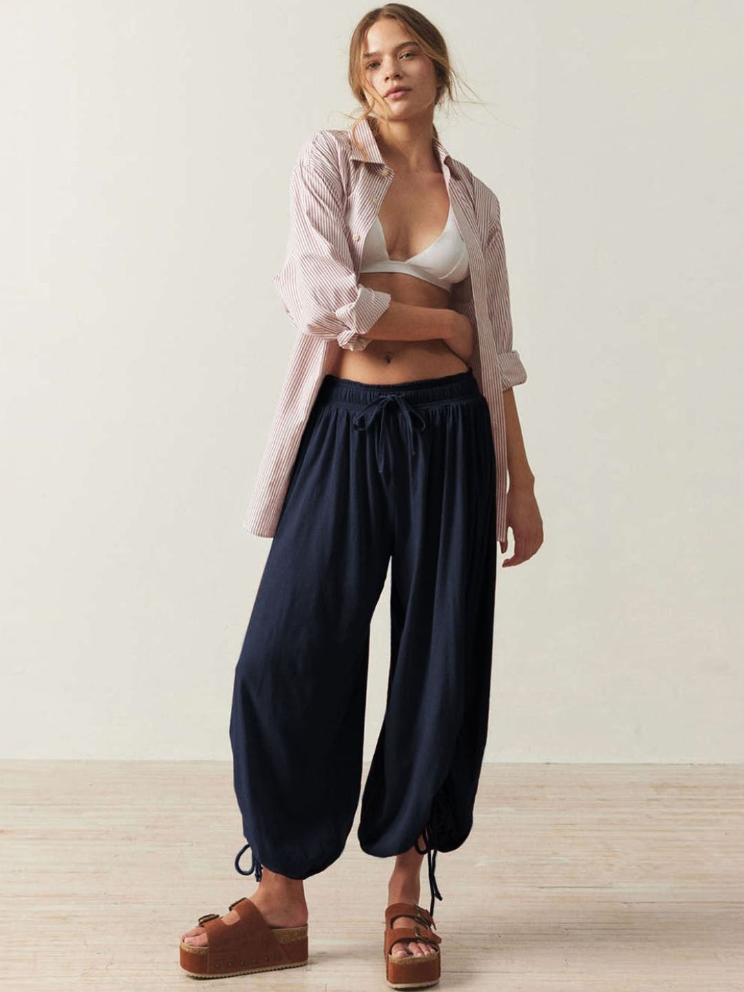 Navy Blue Loose Fit Solid Polyester Trouser