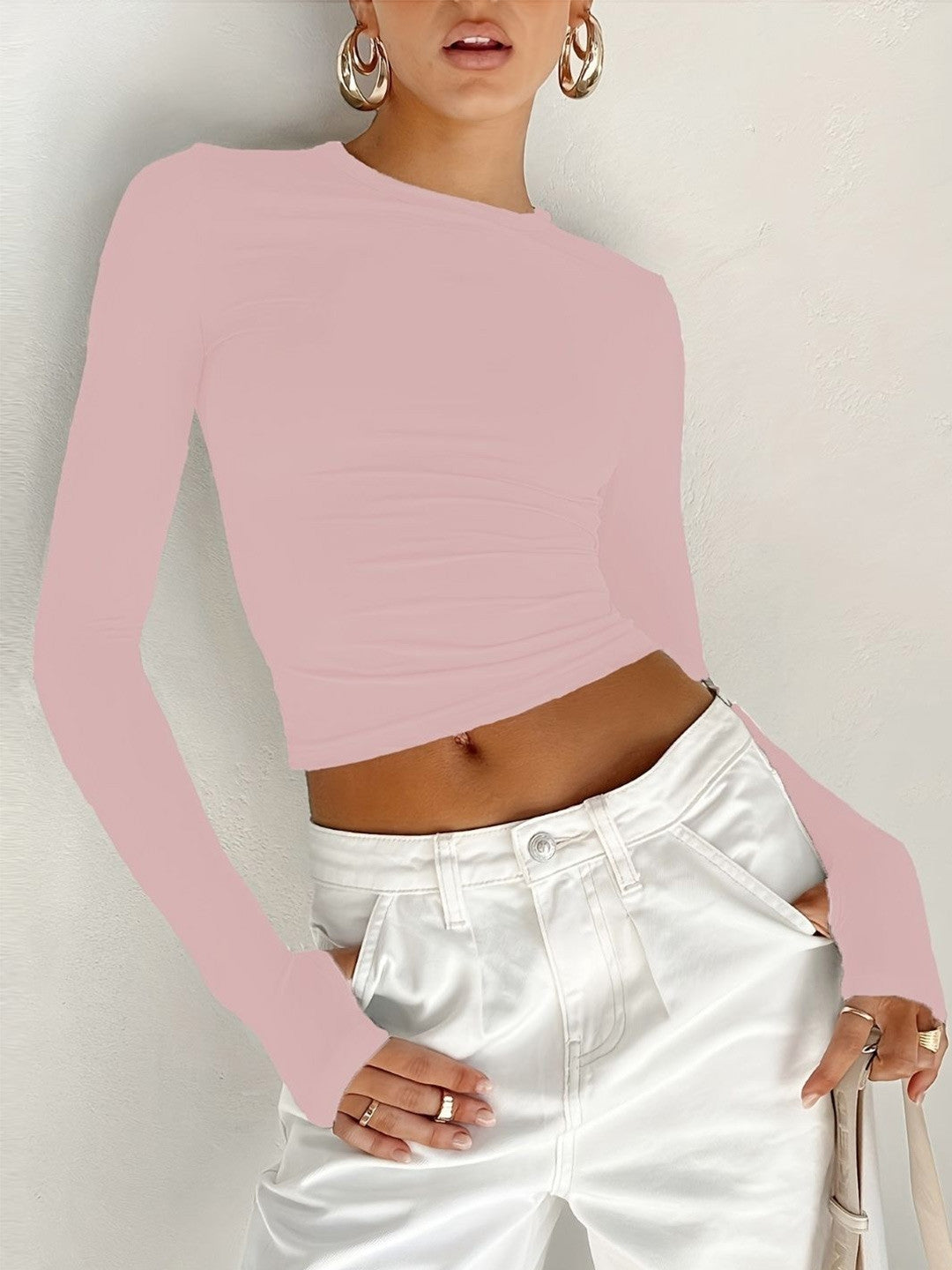 Pink Round Neck Long Sleeves Solid Polyester Top