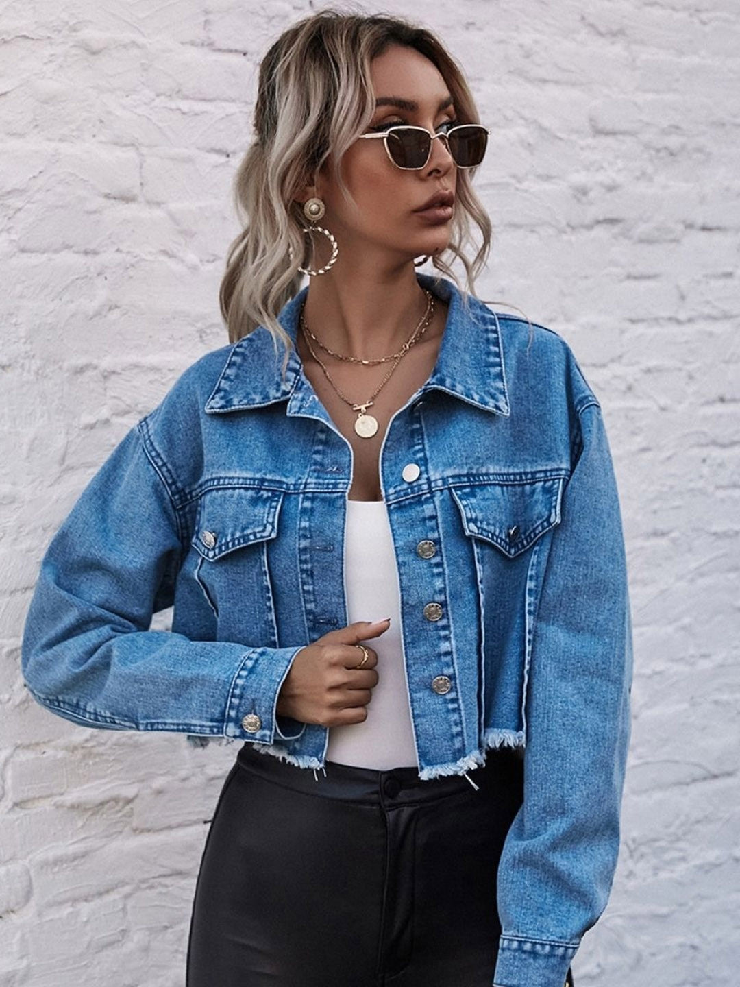 Blue Stand Collar Solid Long Sleeves Polyester Jacket