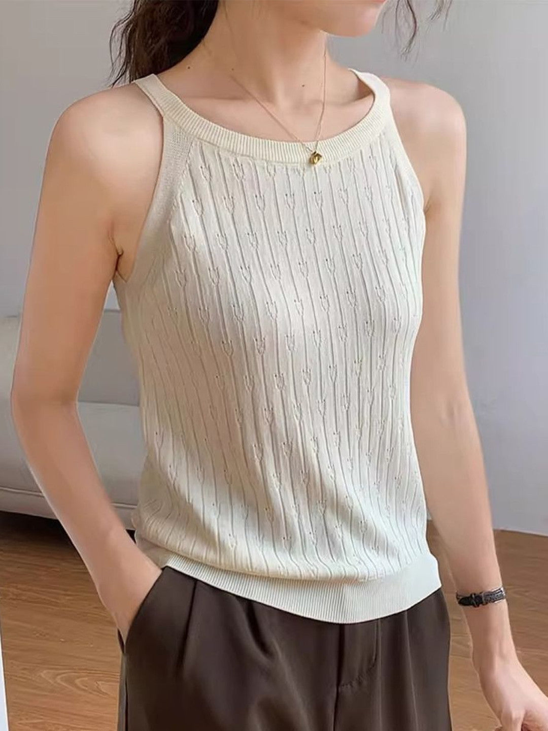 Cream Round Neck Sleeveless Solid Polyester Top
