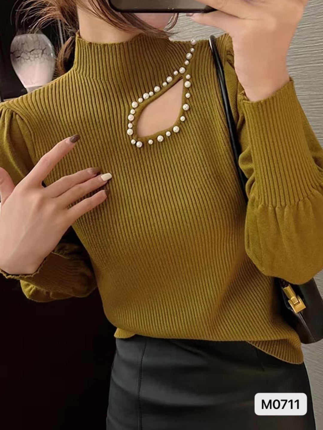 Khaki High Neck Long Sleeves Solid Regular Sleeves Viscose Rayon Top