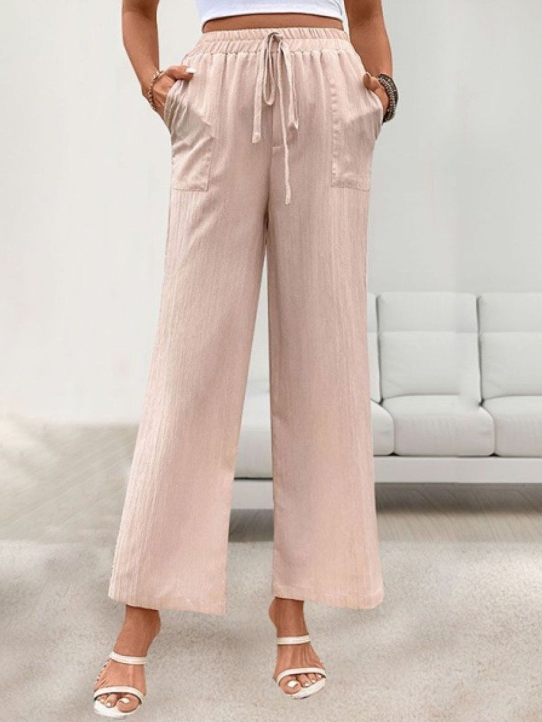 Cream Regular Fit Solid Polyester Trouser
