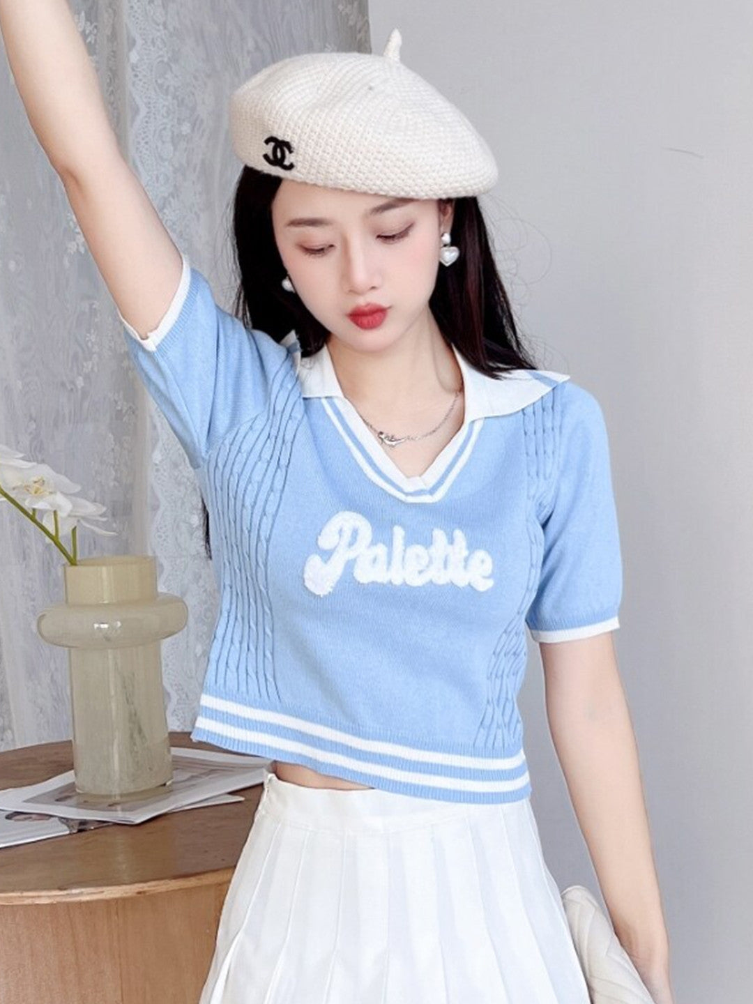 Blue Shirt Collar Short Sleeves Typography Top