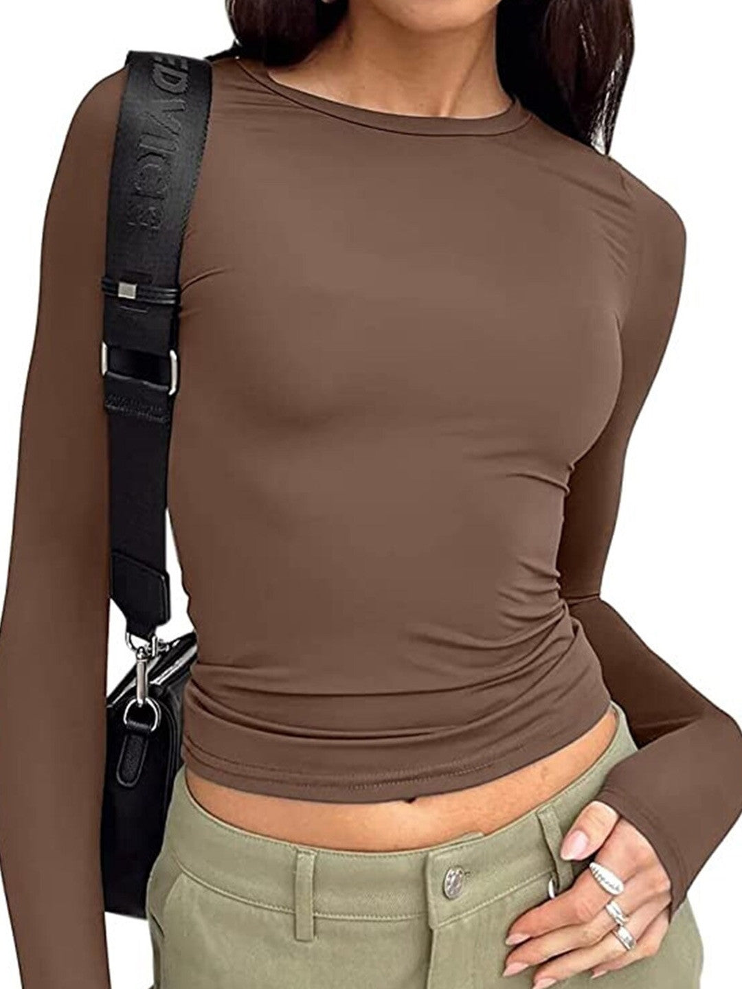 Brown Round Neck Long Sleeves Solid Polyester Top
