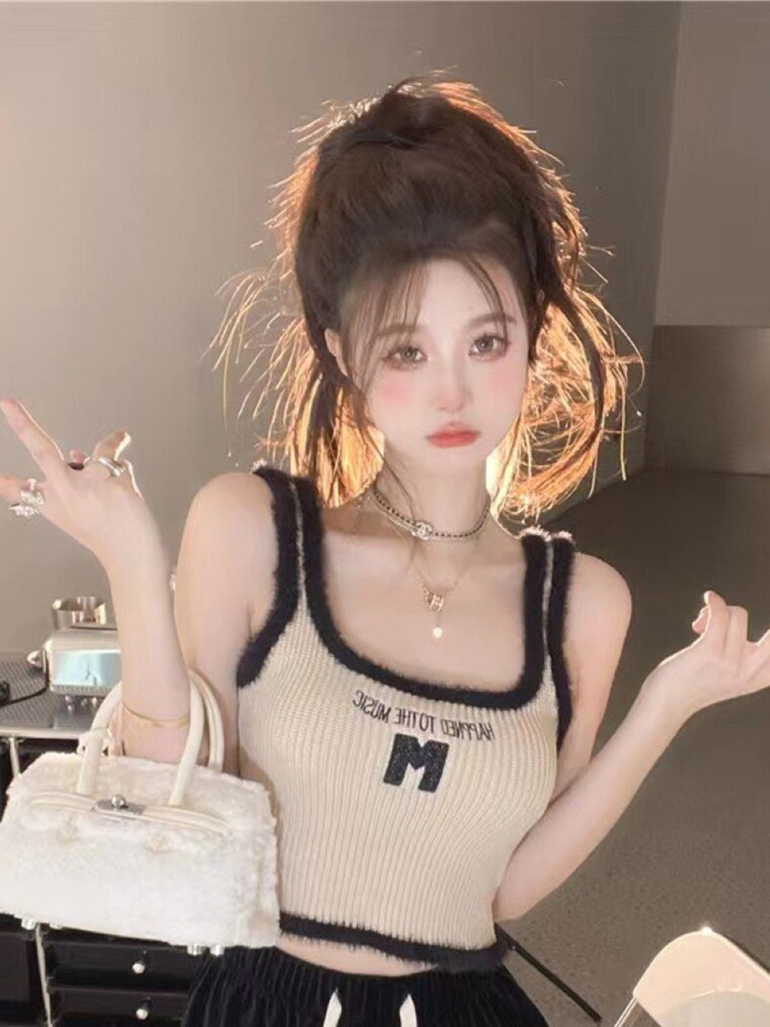 Cream Round Neck Sleeveless Typography Top