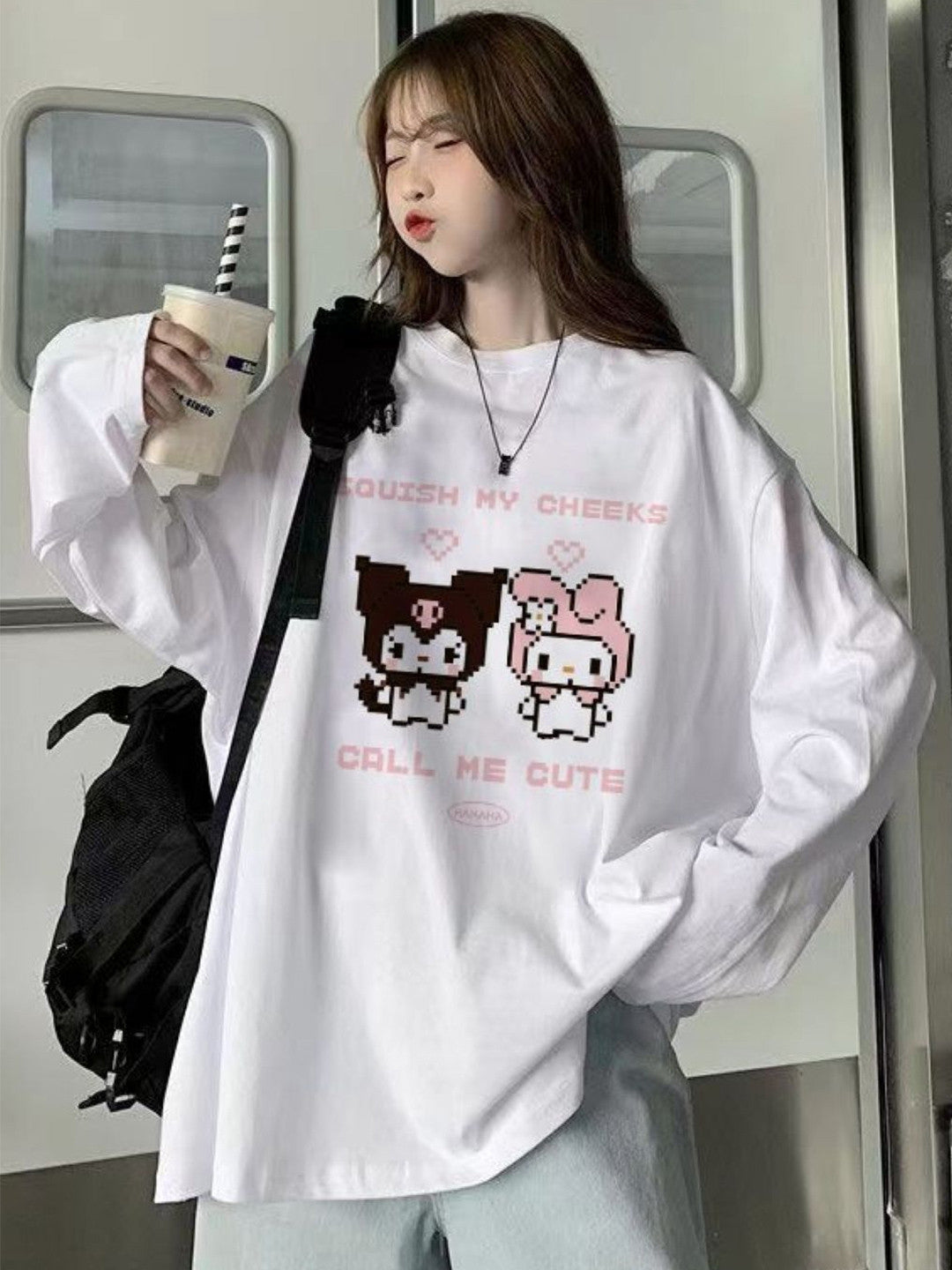 White Round Neck Long Sleeves Graphic Polyester Tops