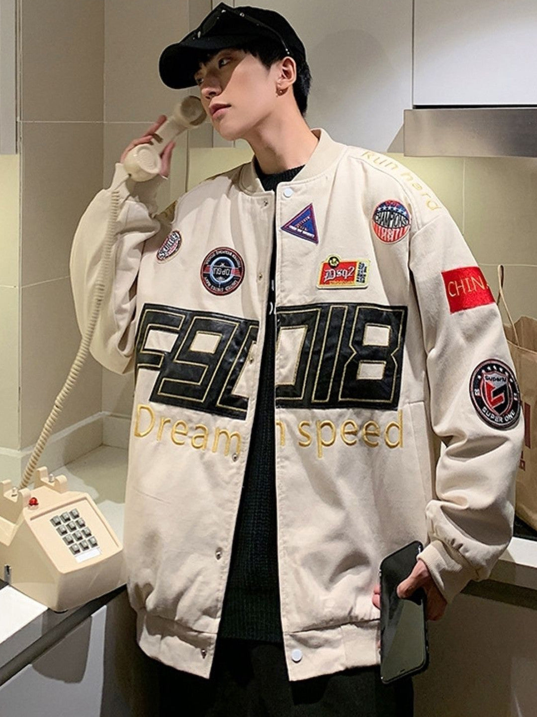 White Collarless Long Sleeves Typography Polyester Open Front Jacket