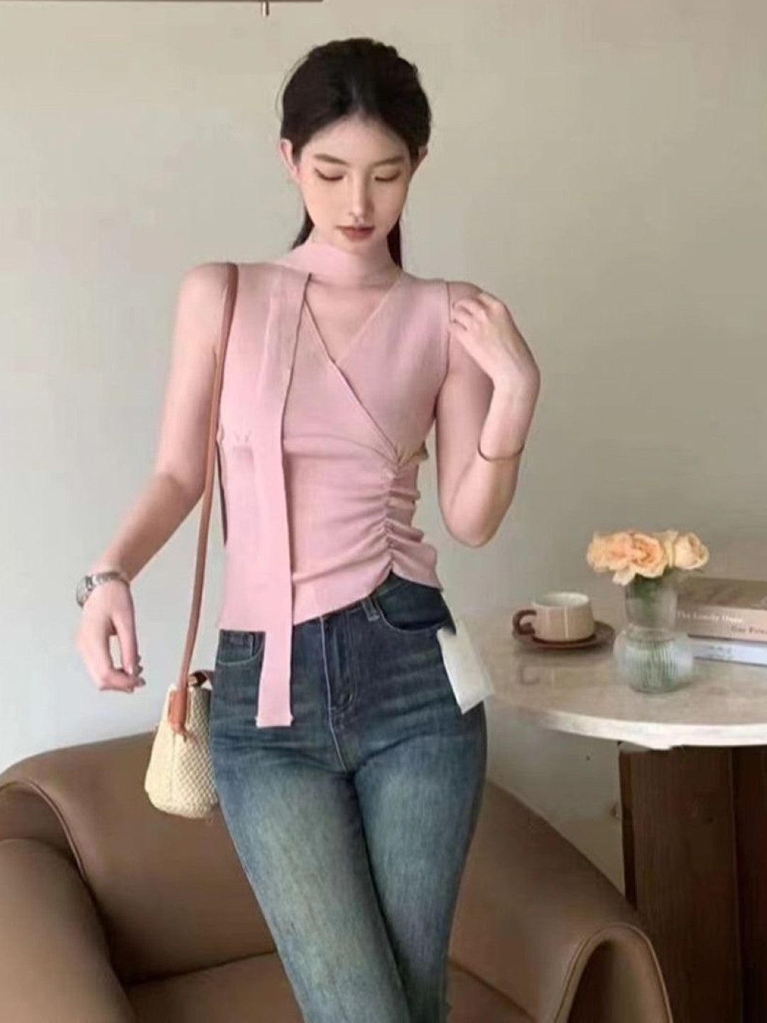 Pink V-Neck Sleeveless Solid Polyester Top