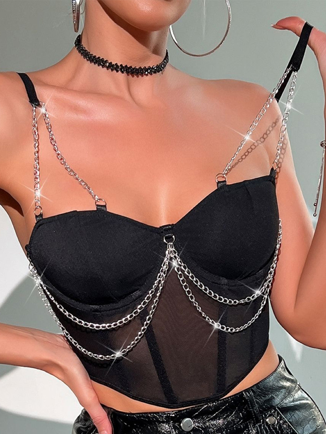 Black Shoulder Straps Sleeveless Solid Polyester Corset Top