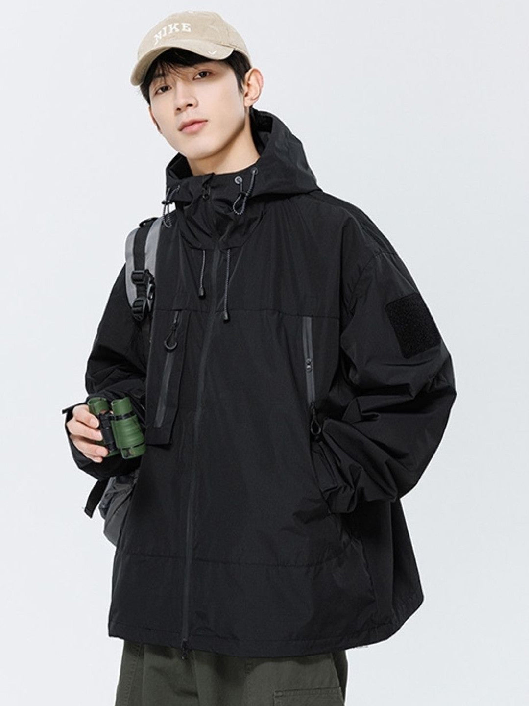 Black Hooded Long Sleeves Solid Polyester Open Front Jacket