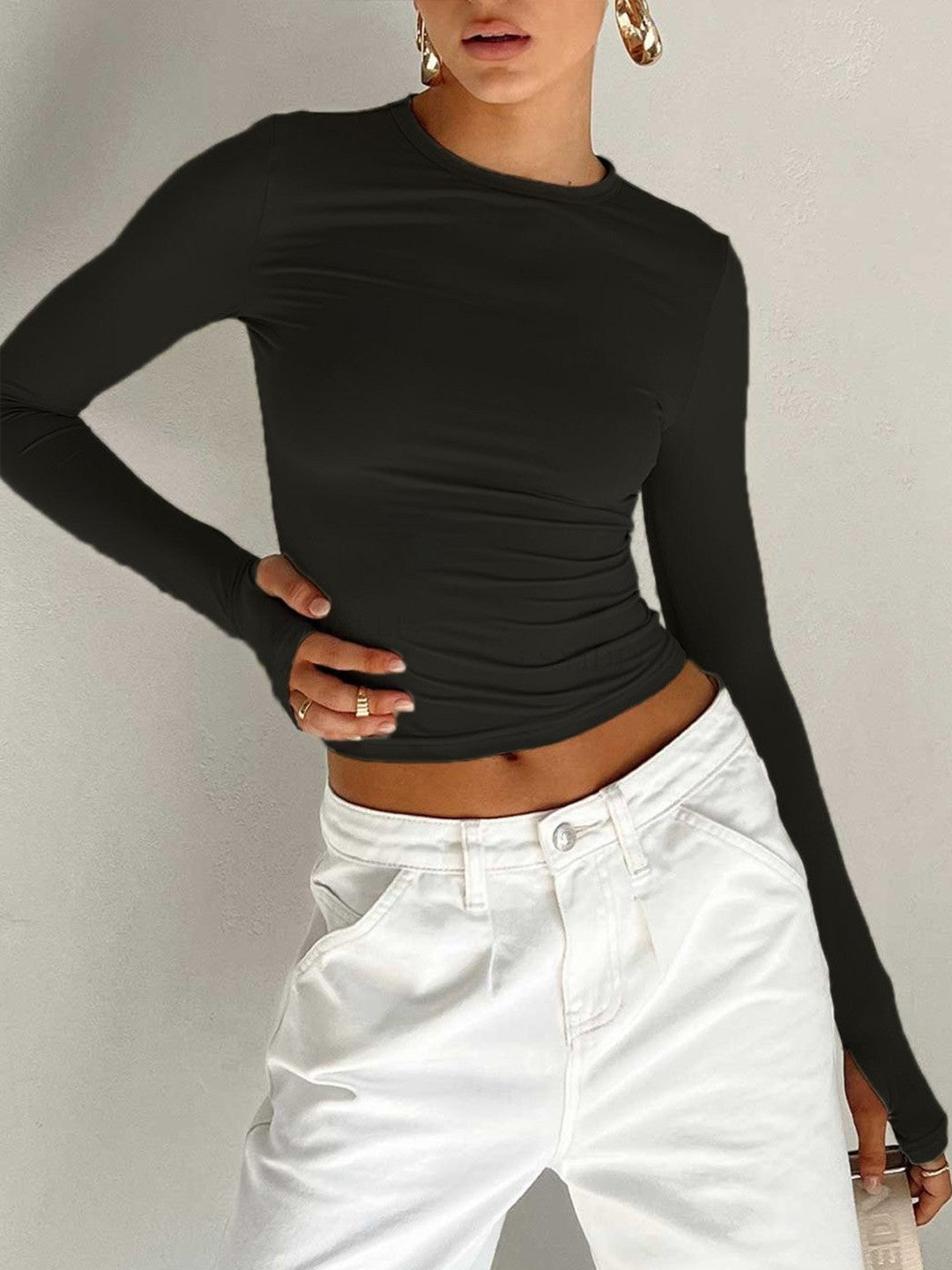 Black Round Neck Long Sleeves Solid Polyester Top