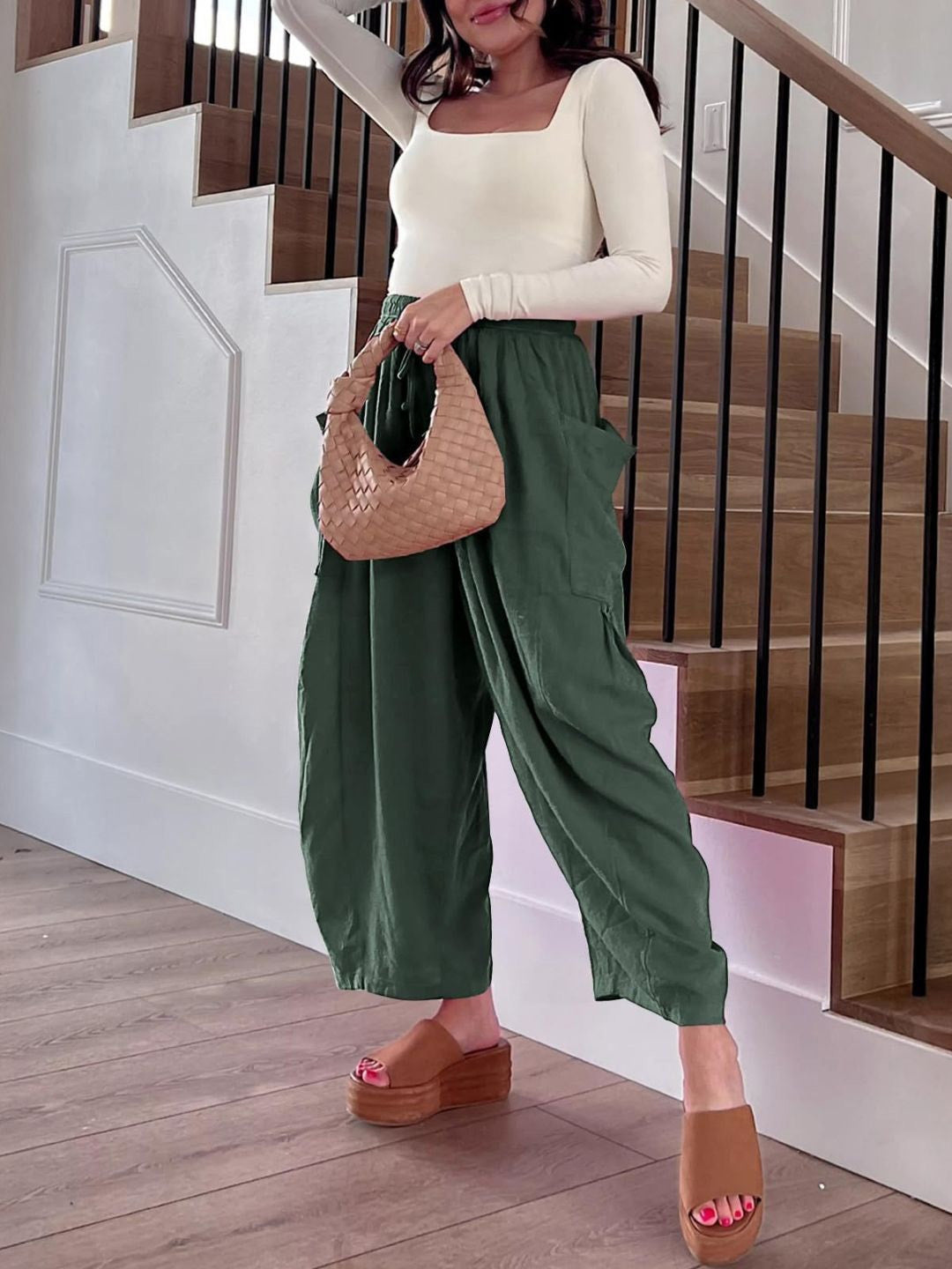 Green Loose Fit Solid Polyester Trouser