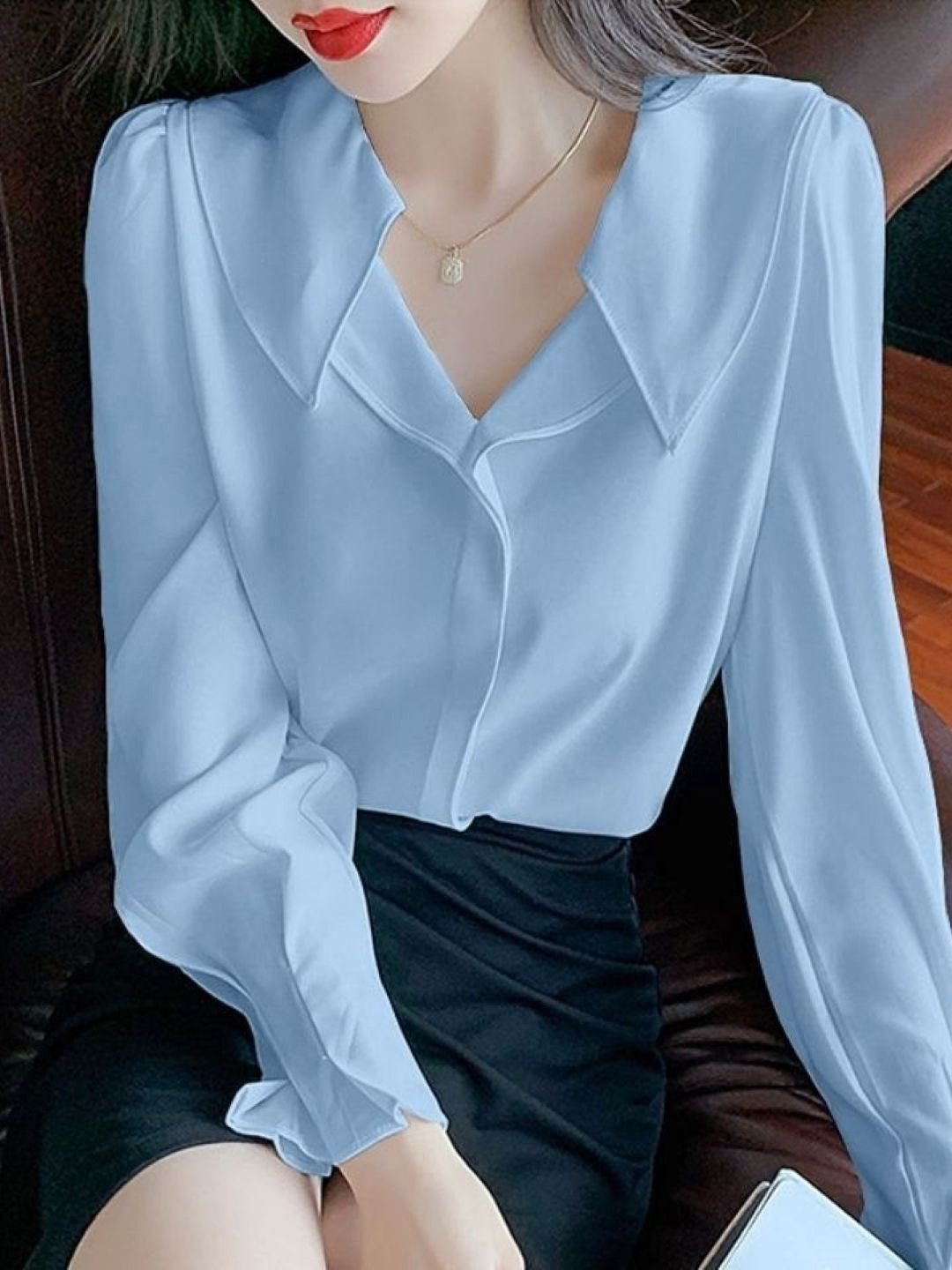 Blue Shirt Collar Long Sleeves Solid Polyester Top