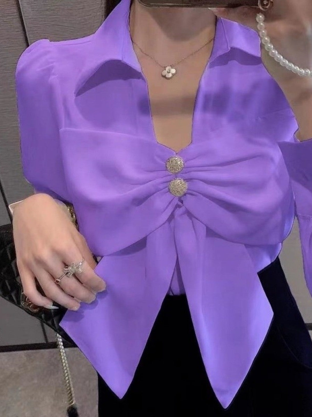 Purple Shirt Collar Long Sleeves Solid Polyester Top