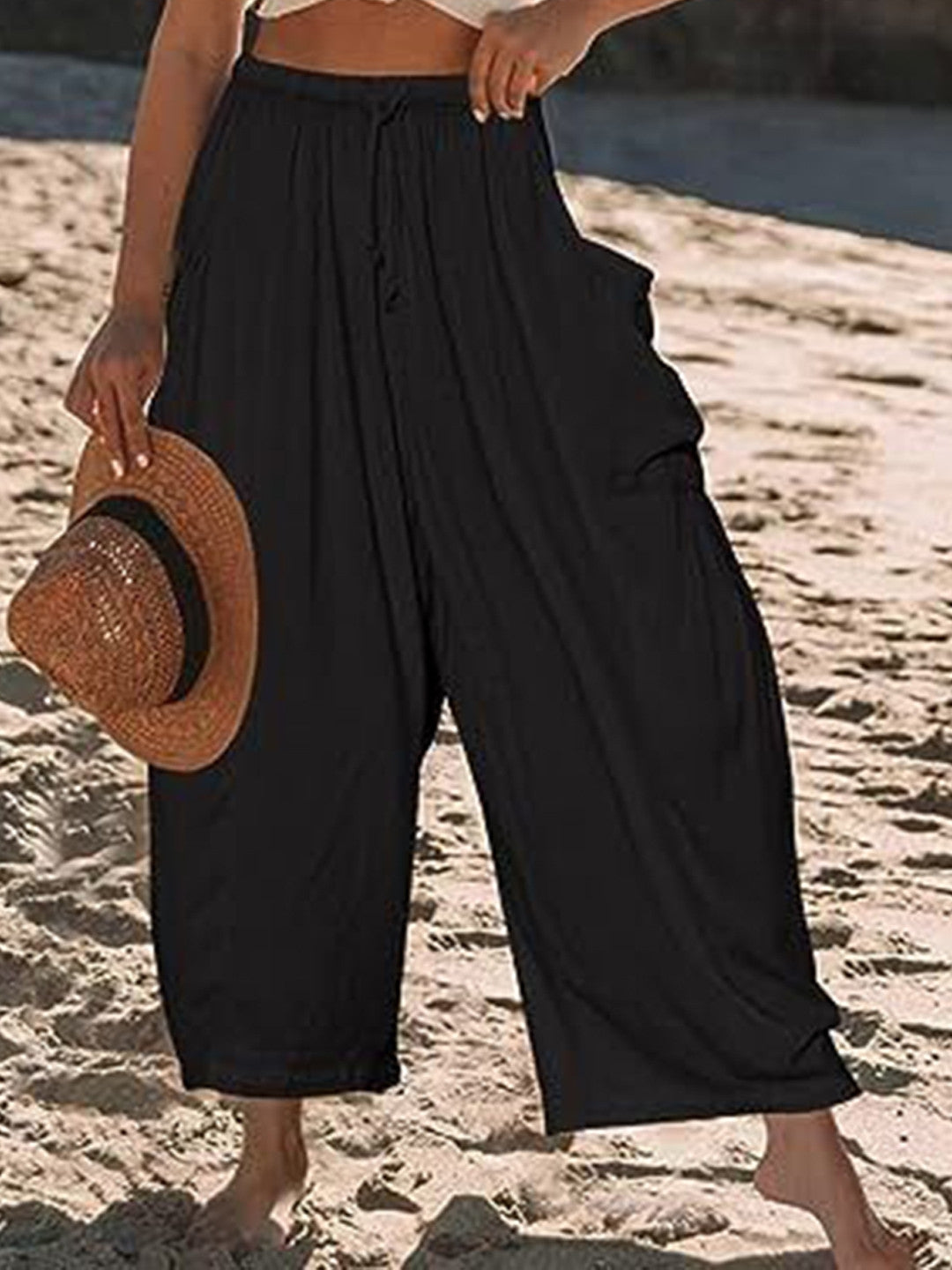 Black Loose Fit Solid Polyester Trouser