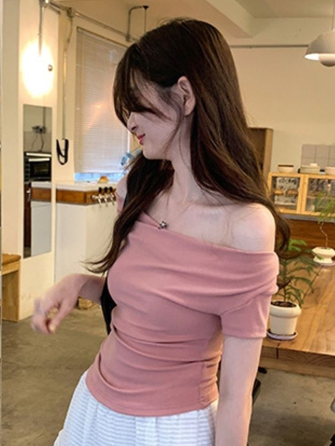 Pink Off-Shoulder Short Sleeves Solid Viscose Rayon Crop Top