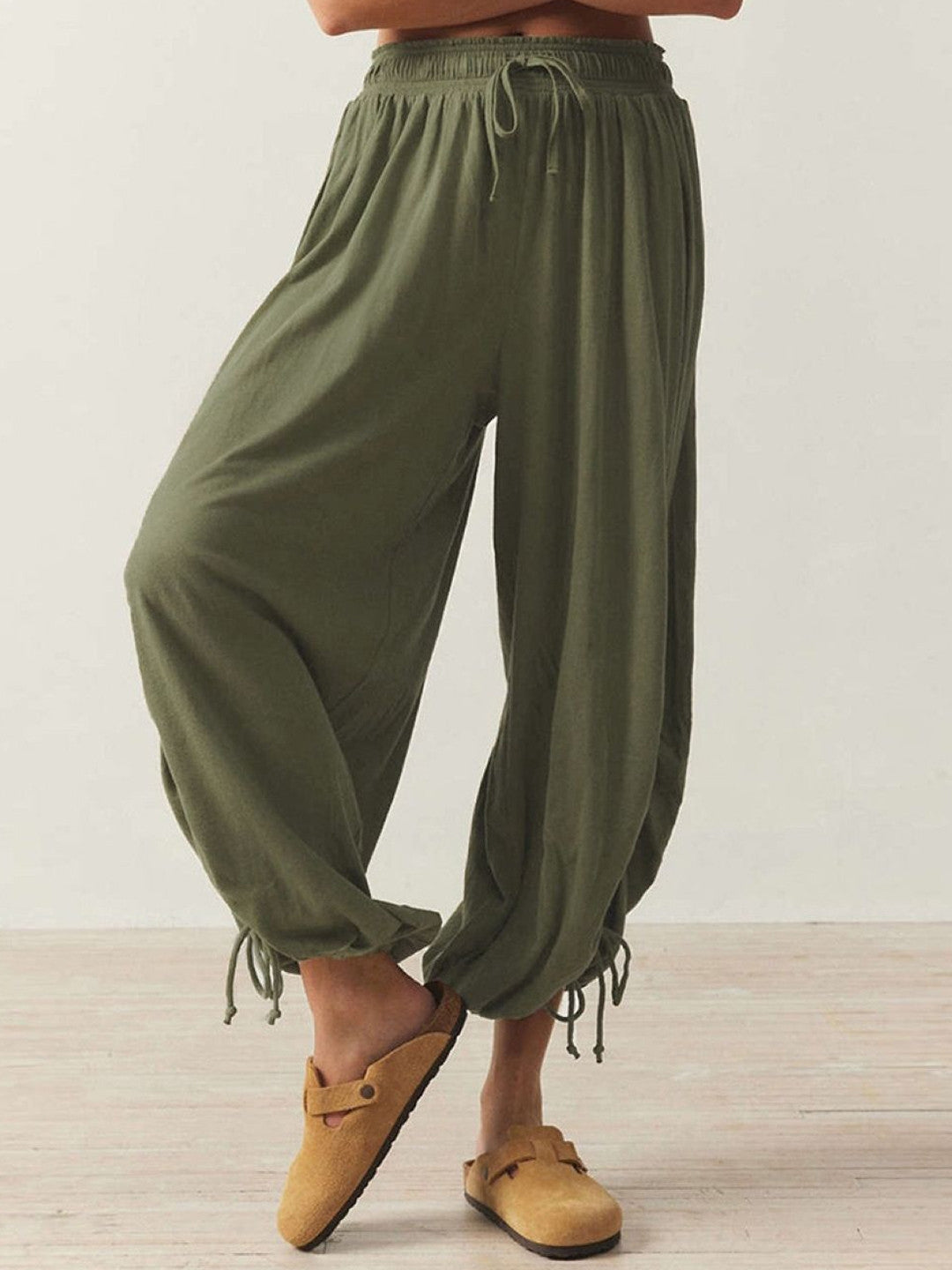 Green Loose Fit Solid Polyester Trouser