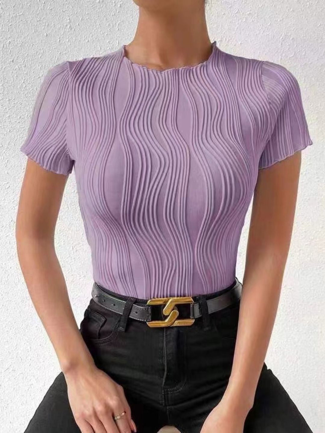 Purple Round Neck Short Sleeves Solid Polyester Top