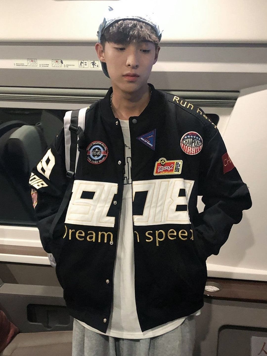 Black Collarless Long Sleeves Typography Polyester Open Front Jacket