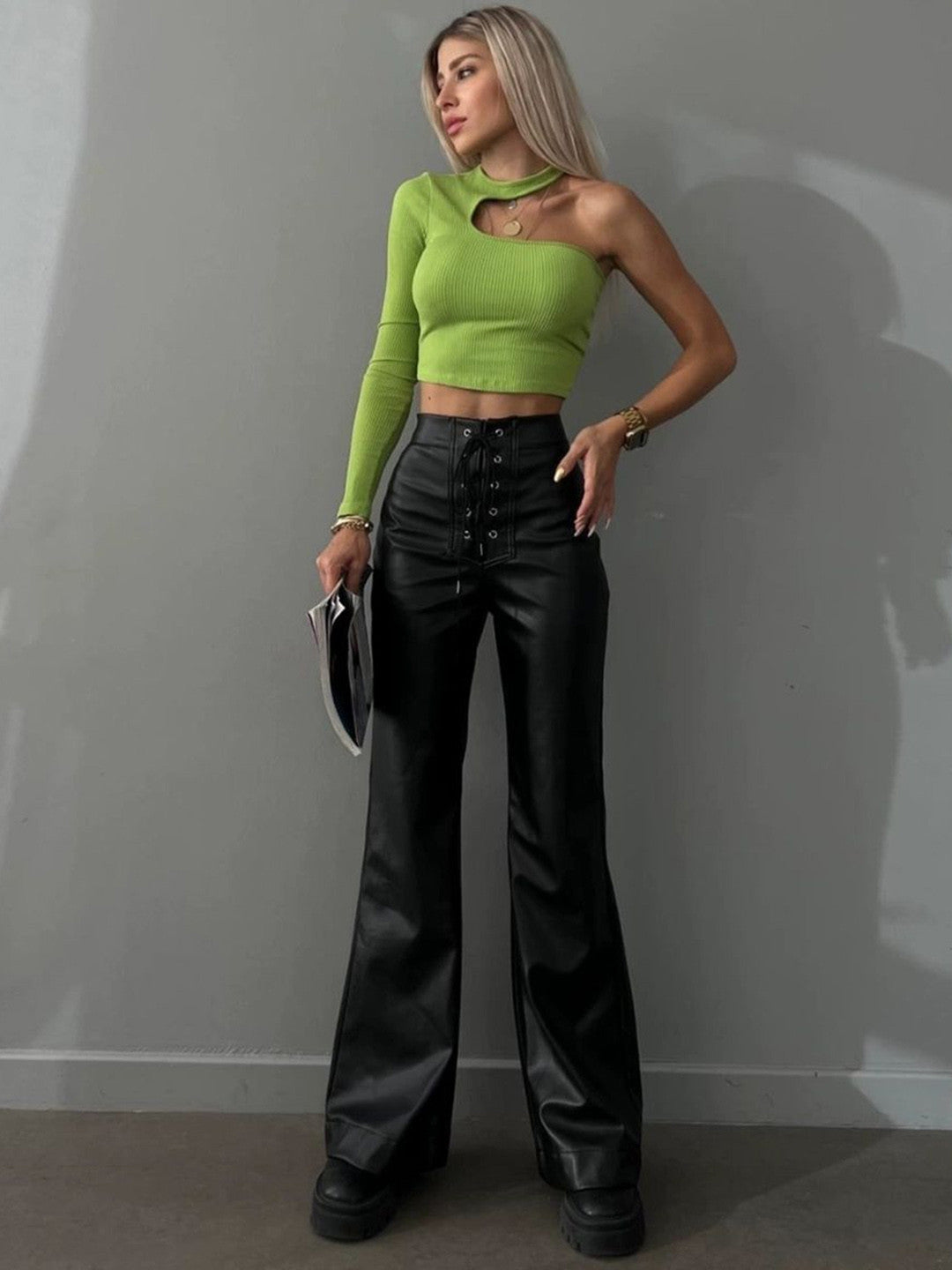 Black Skinny Fit Solid PU Trouser