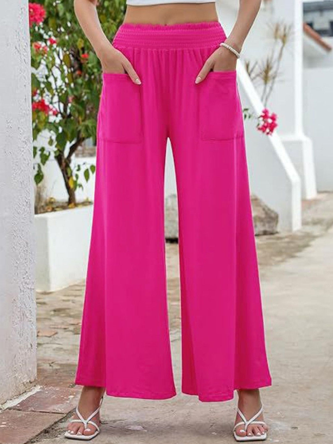 Pink Loose Fit Solid Polyester Trouser