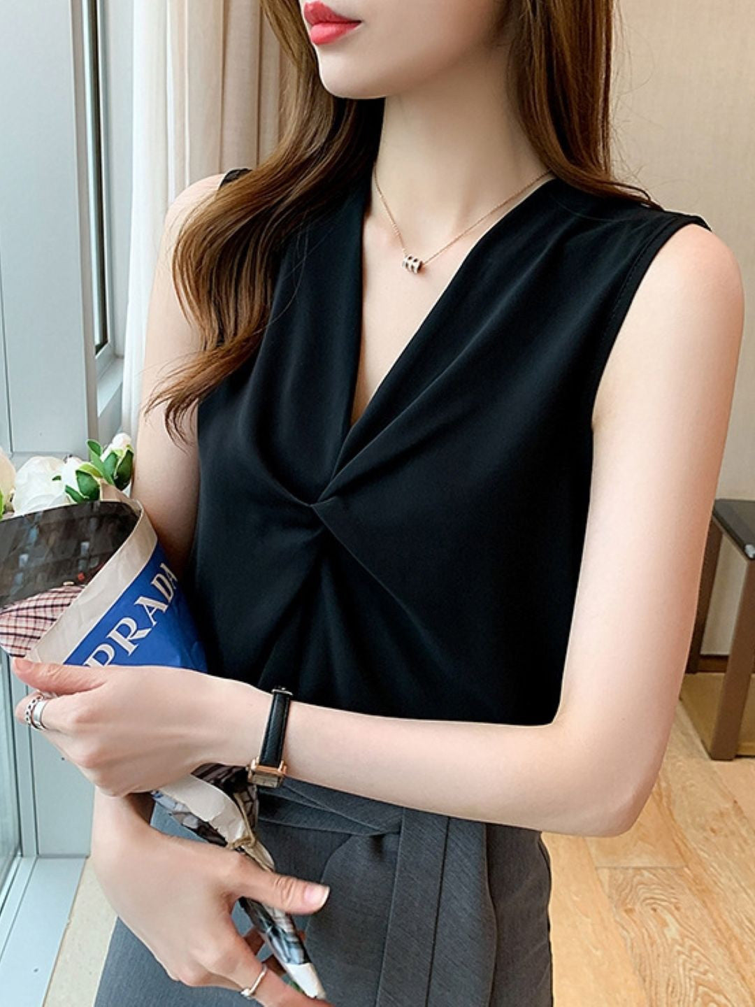 Black V-Neck Sleeveless Solid Polyester Top