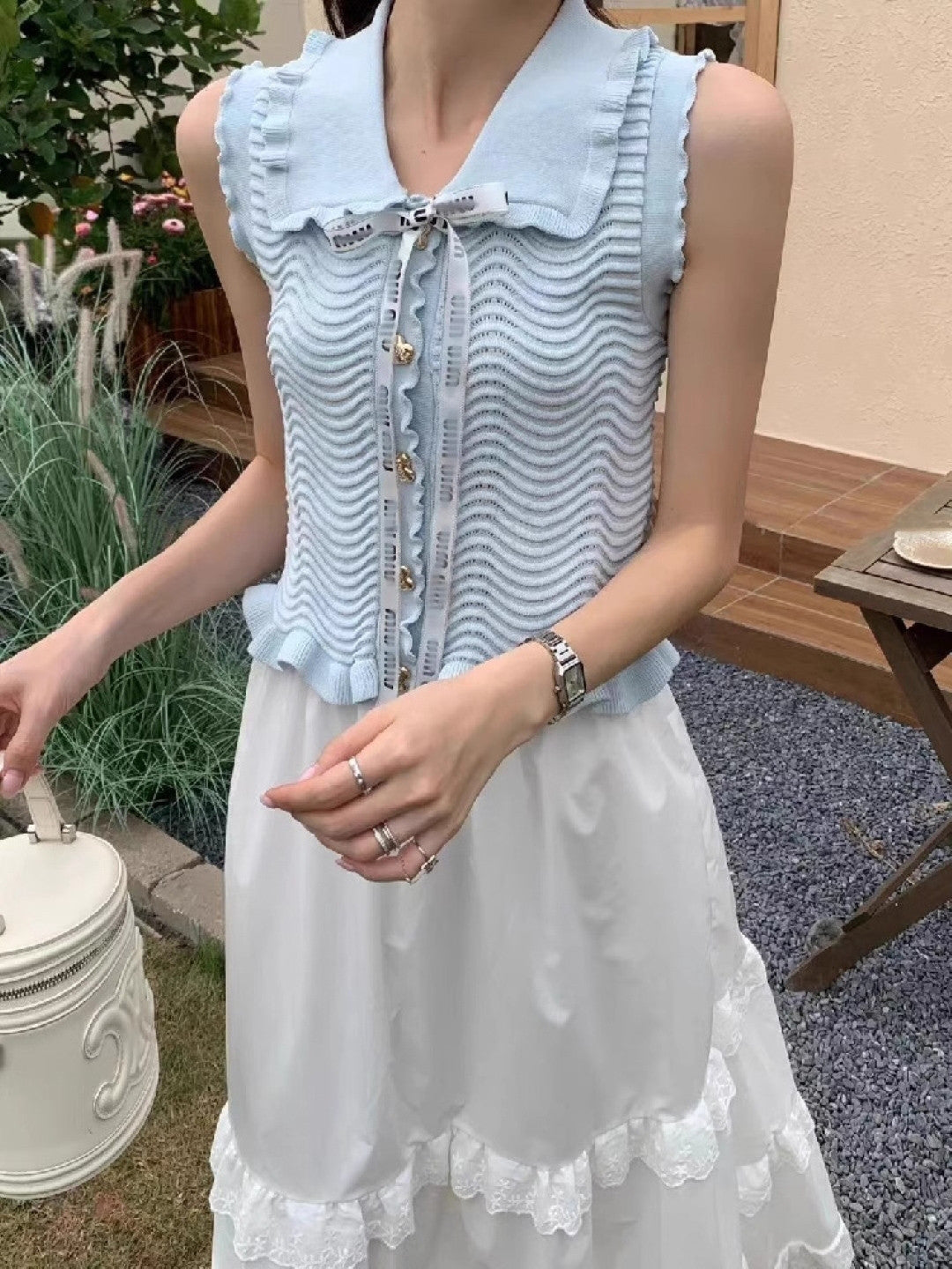 Blue Shirt Collar Sleeveless Solid Polyester Top