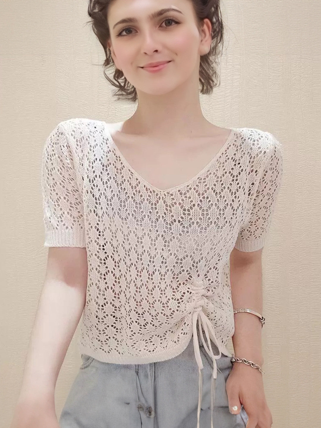 Cream V-Neck Short Sleeves Solid Polyester Top
