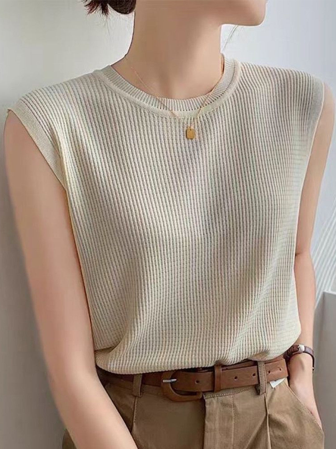 Cream Round Neck Solid Sleeveless Viscose Rayon Regular Top