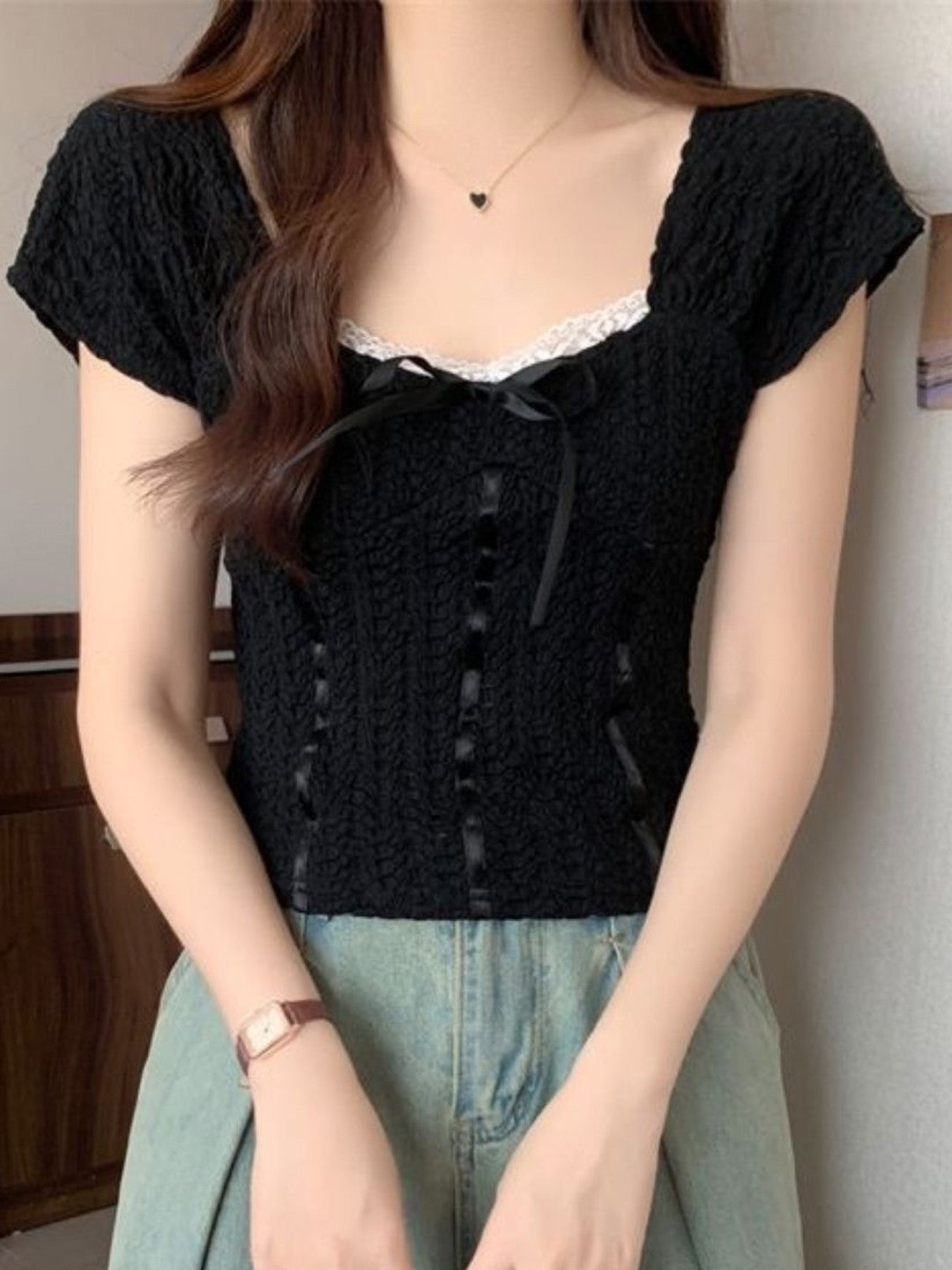 Black Square Neck Sleeveless Solid Polyester Top
