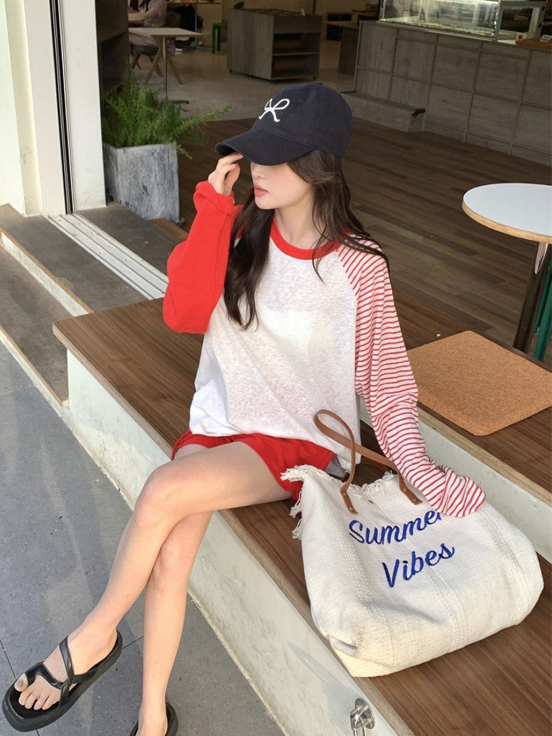 Red Round Neck Long Sleeves Colourblocked Polyester Top