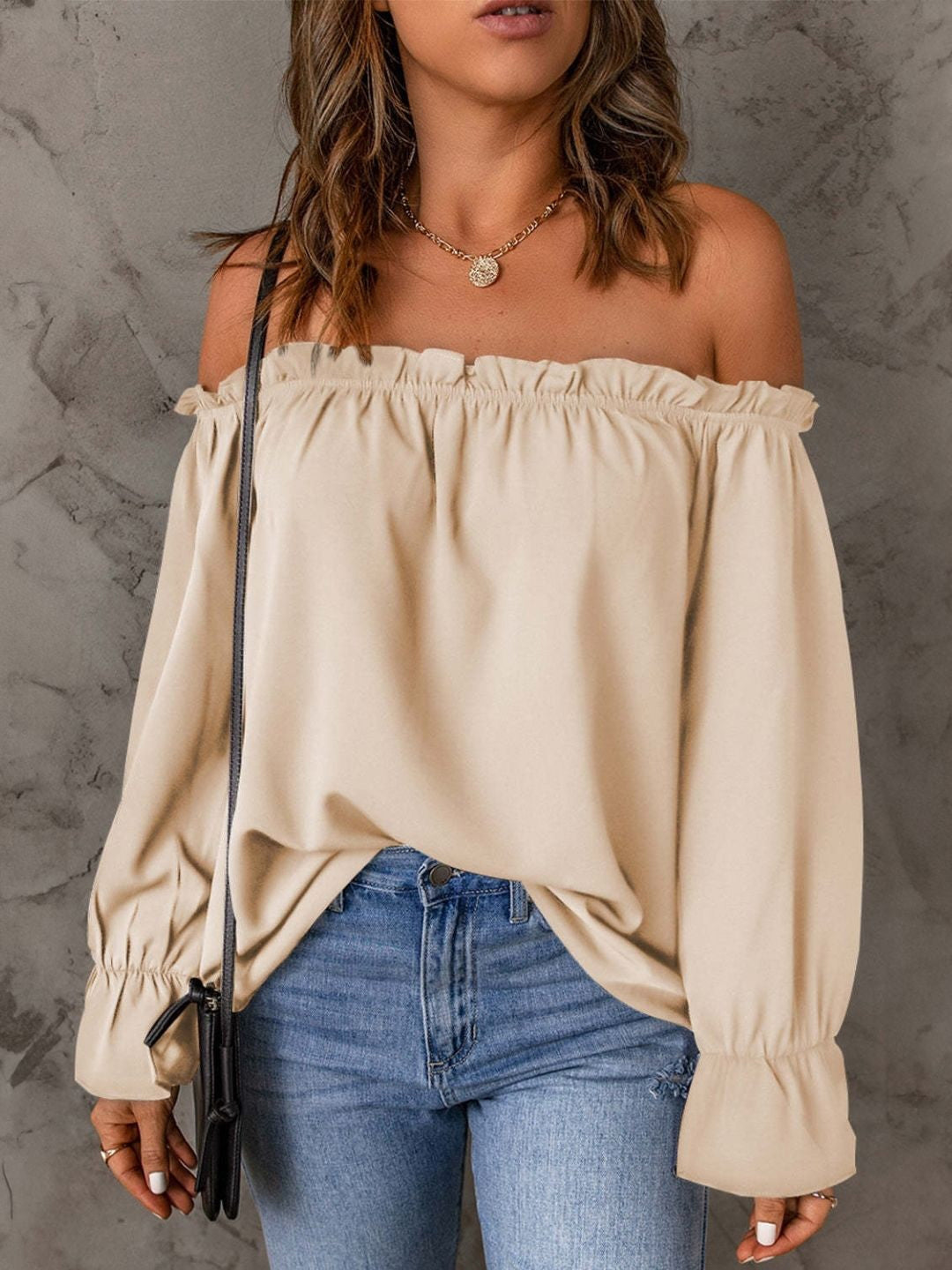 Cream Off-Shoulder Solid Long Sleeves Polyester Regular Top