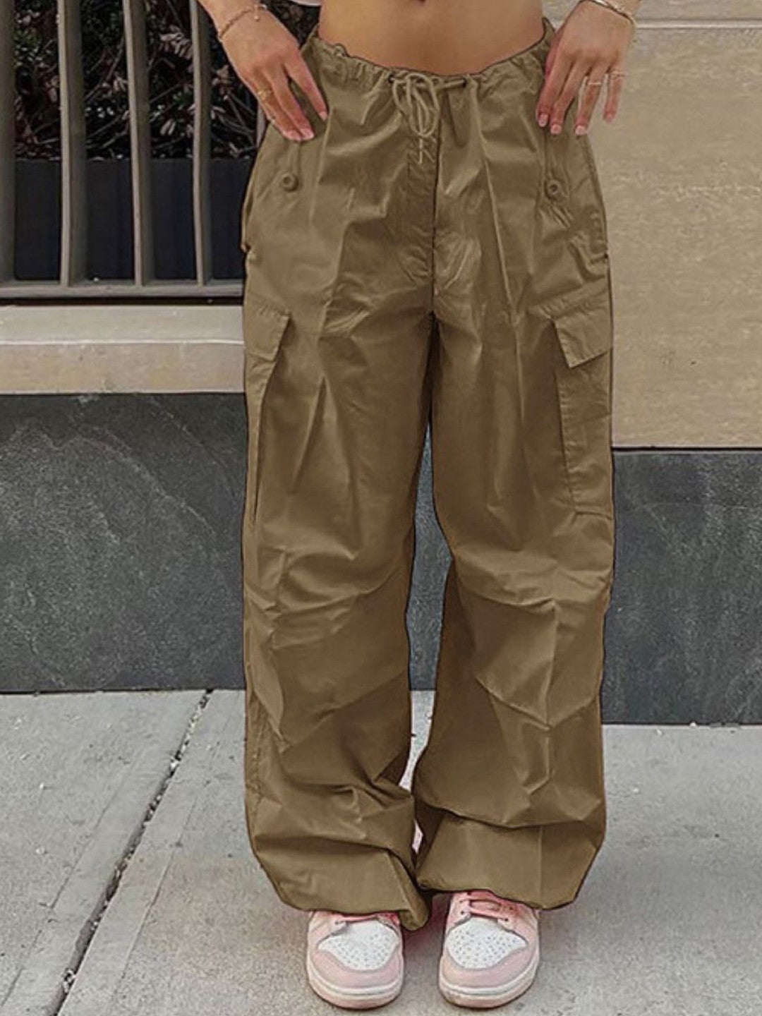 Khaki Solid Loose Fit Polyester Trouser