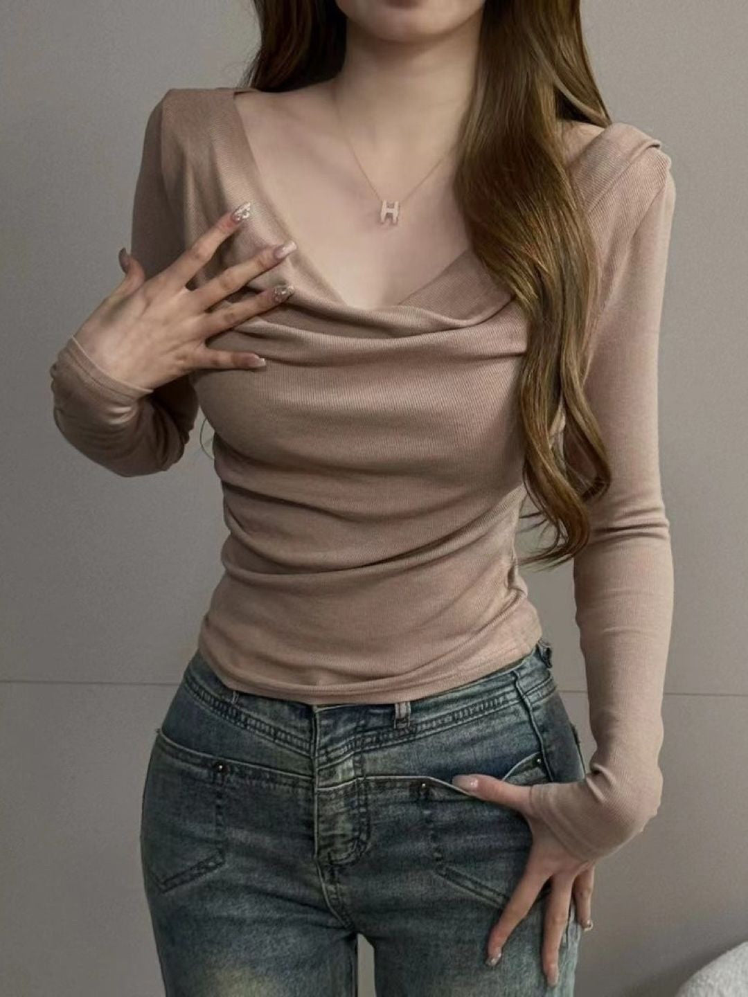 Khaki Off-Shoulder Long Sleeves Solid Viscose Rayon Top