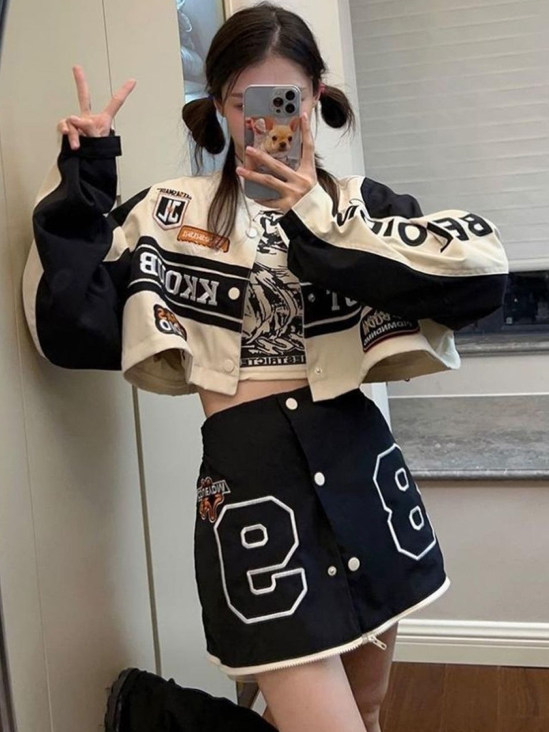 Cream Collarless Long Sleeves Typography Polyester Open Front Jacket