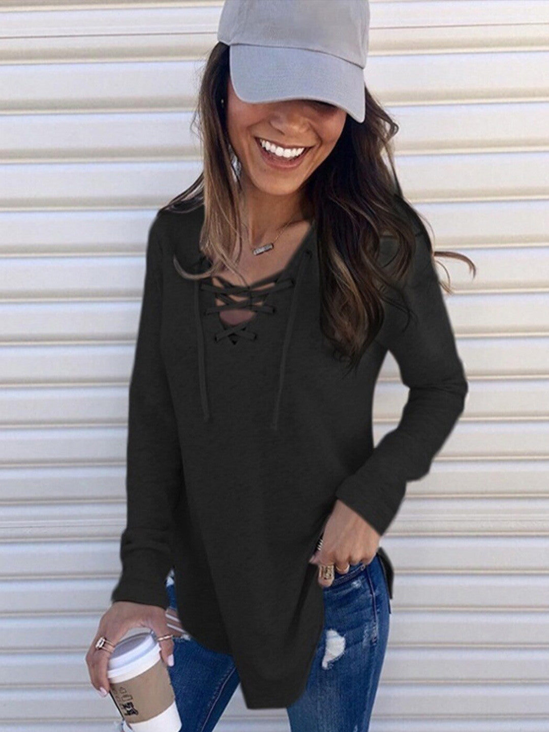 Black Tie-Up Neck Long Sleeves Solid Polyester Top