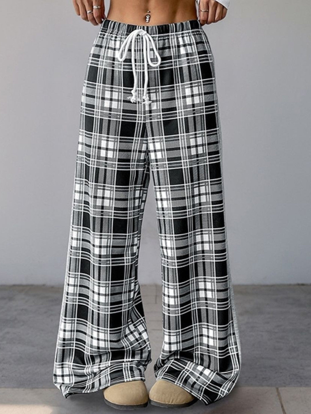 Black Loose Fit Checked Polyester Trouser