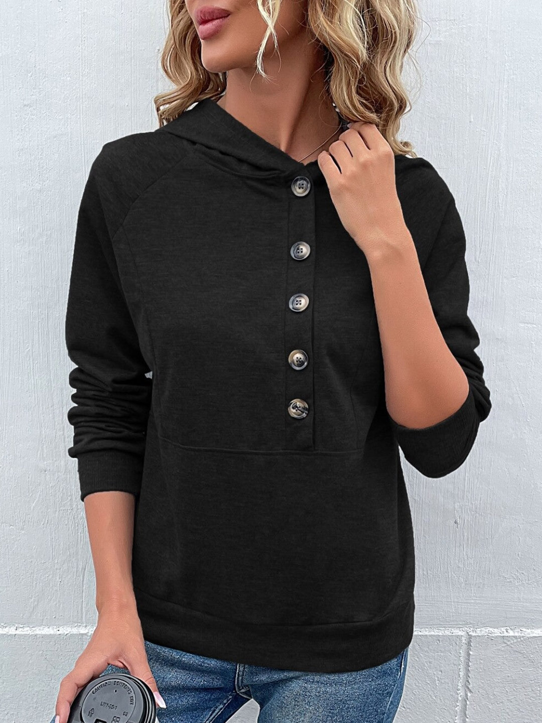 Black V-Neck Solid Long Sleeves Polyester Top