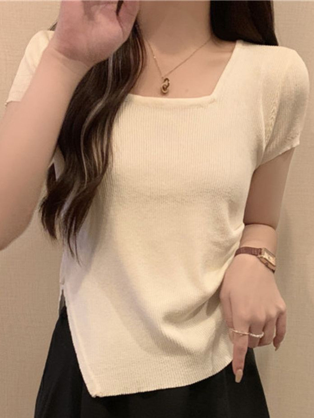 Cream Square Neck Short Sleeves Solid Polyester Top