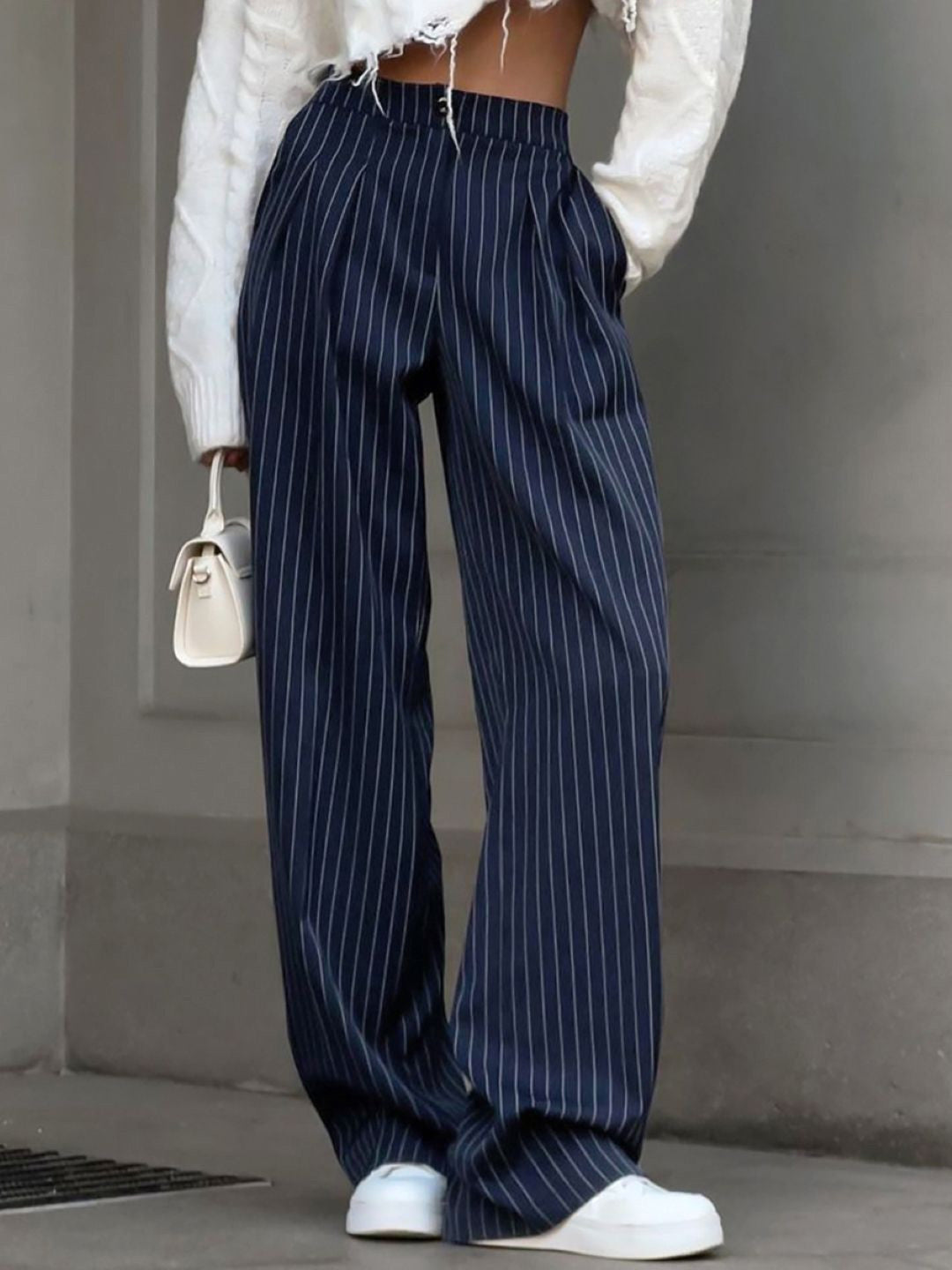 Navy Blue Relaxed Fit Striped Polyester Trouser