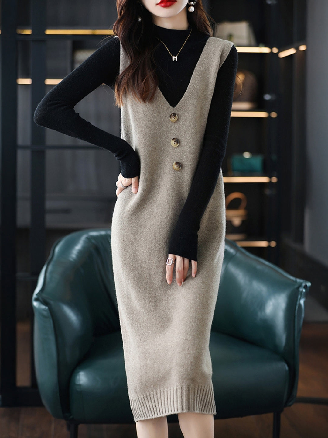 Khaki V-Neck Solid Sleeveless Midi Sheath Acrylic Dress