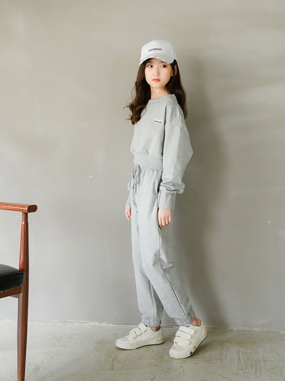 Grey & White Round Neck Long Sleeves Cotton Blend Trousers & Top Solid Clothing Set