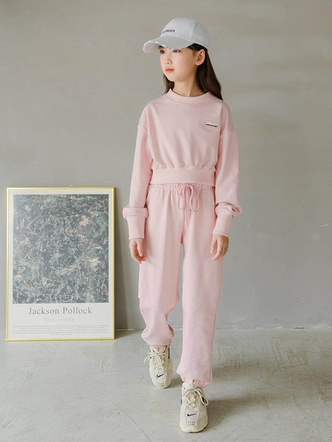 Pink & White Round Neck Long Sleeves Cotton Blend Trousers & Top Solid Clothing Set