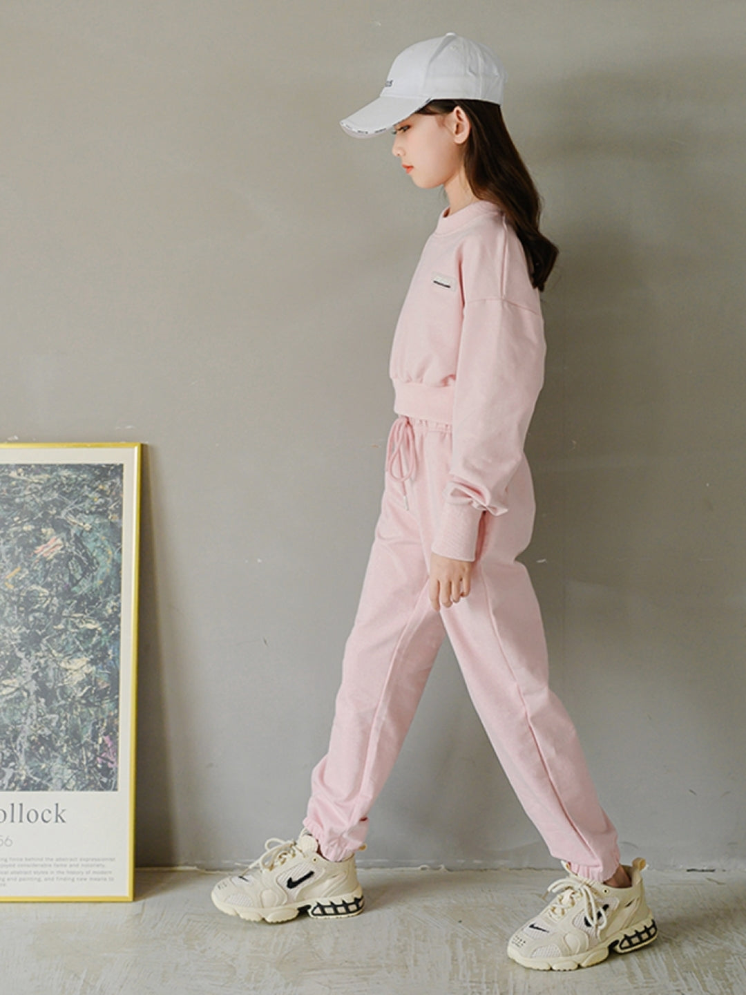 Pink & White Round Neck Long Sleeves Cotton Blend Trousers & Top Solid Clothing Set