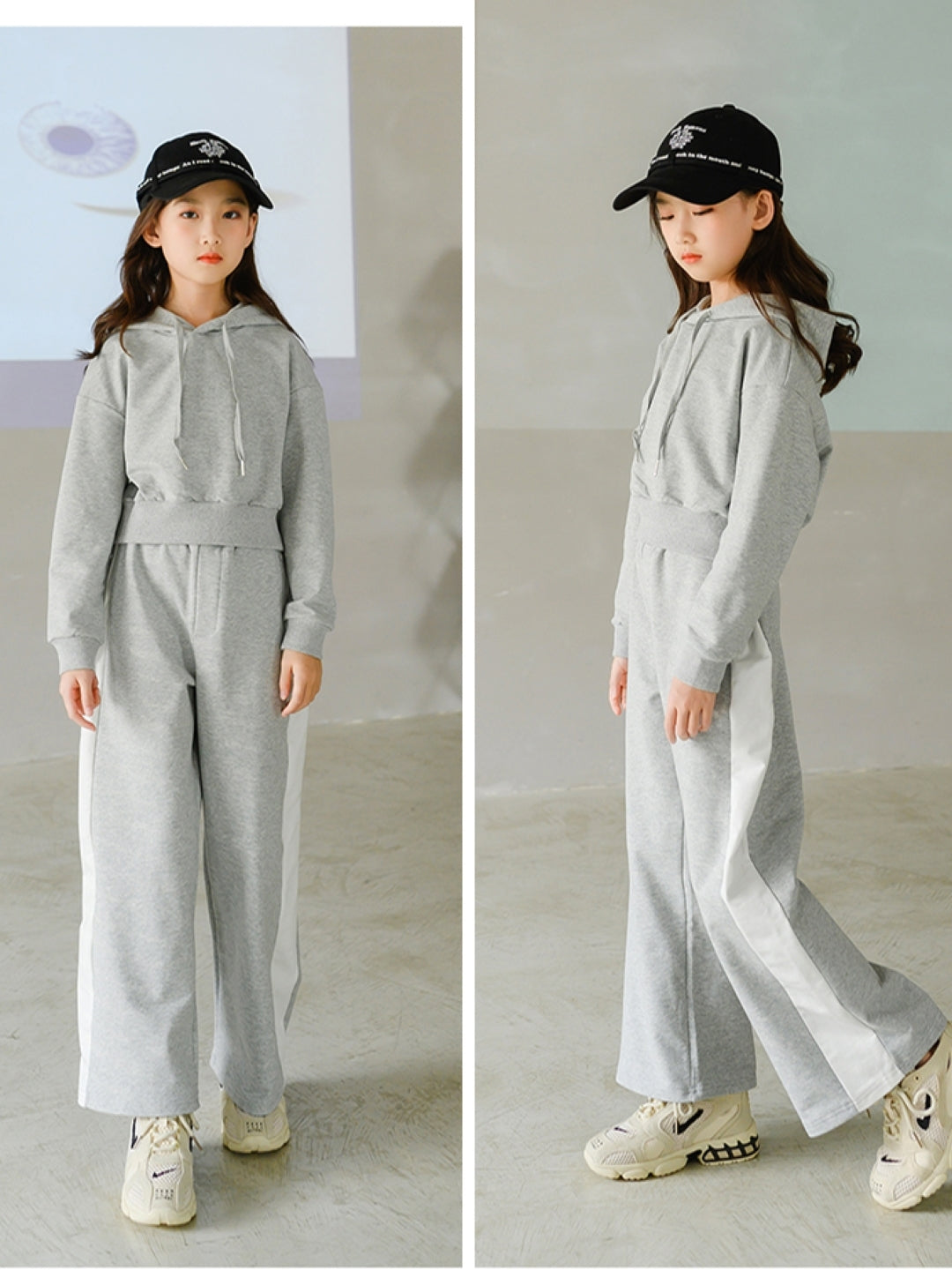 Grey & White Hood Long Sleeves Cotton Blend Palazzos & Top Solid Clothing Set